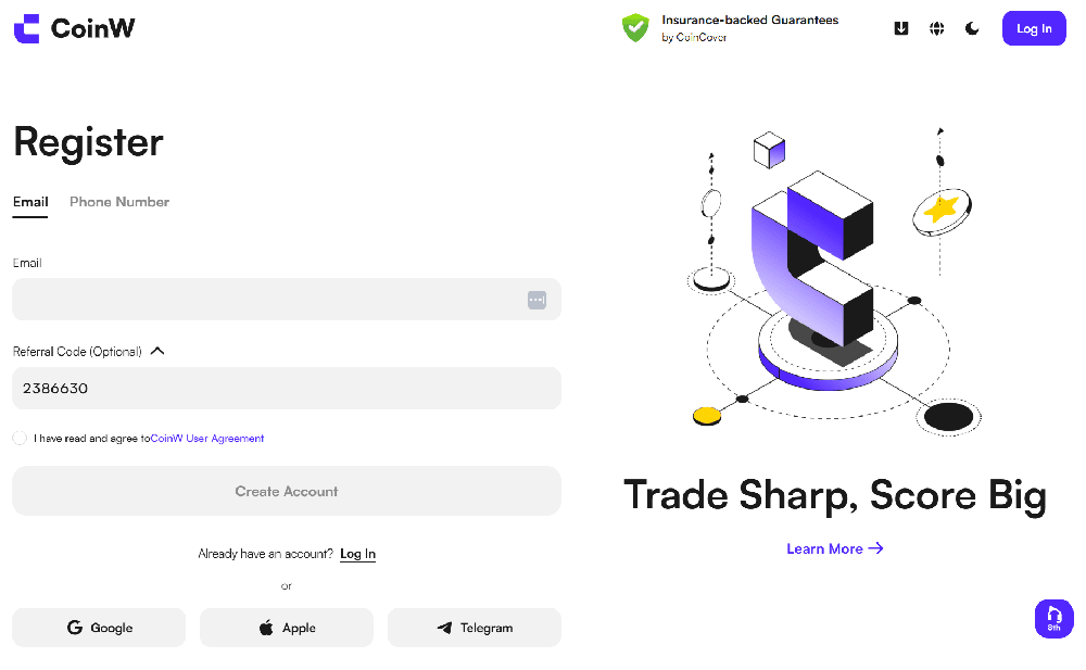CoinW referans kodu kayıt formuna girilmiş ekran görüntüsü
