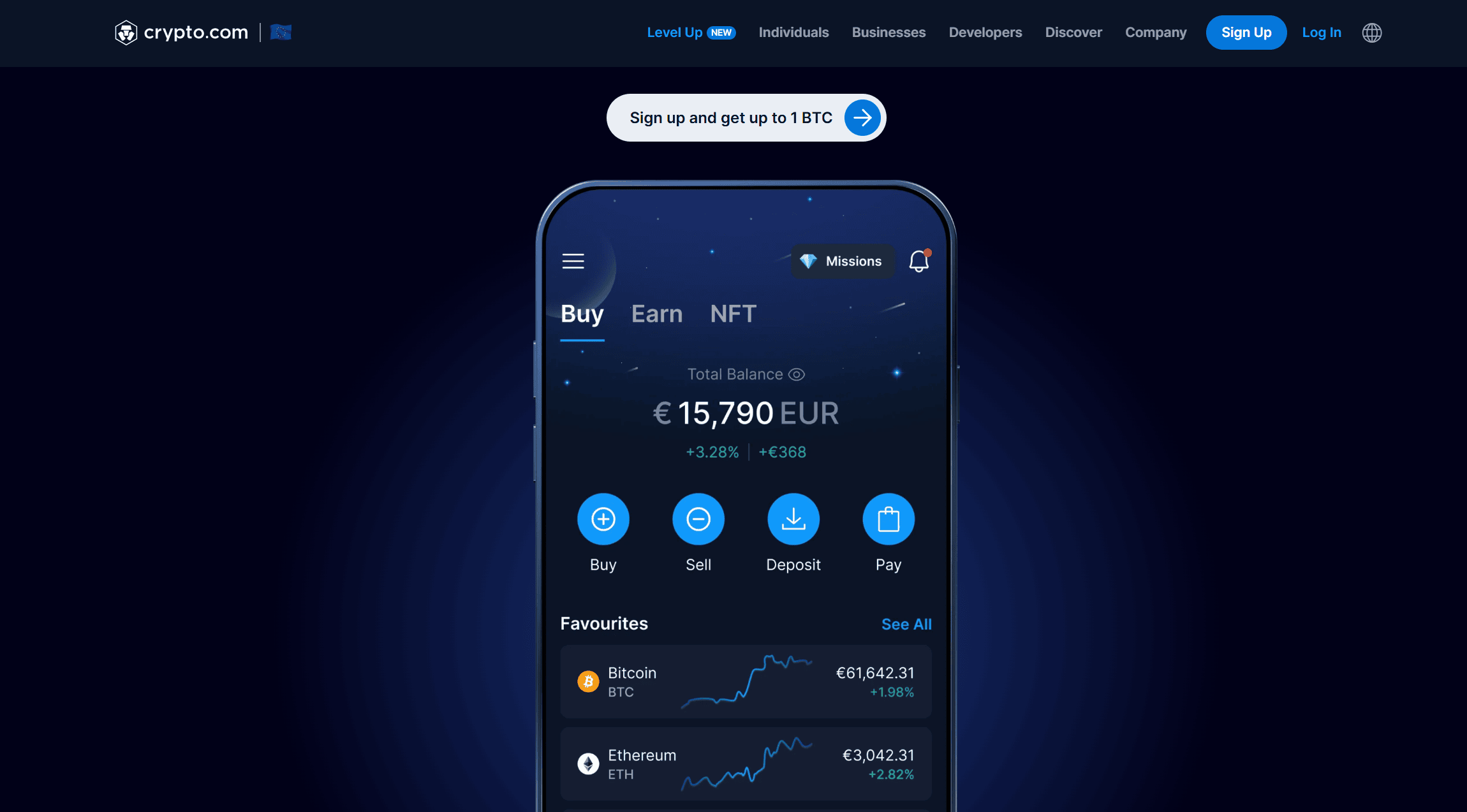 Crypto.com platform ana ekranı ve Exchange görünümü